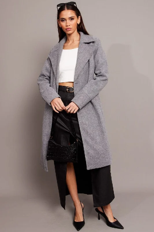 Grey Tie Front Coat Knee Length Relaxed Utility Shacket