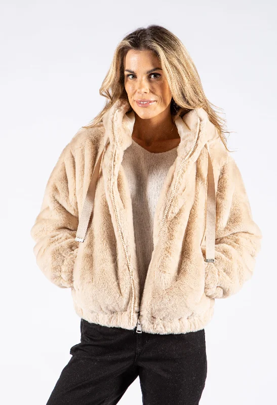 Hooded Faux Fur Coat Cropped Moto Jacket