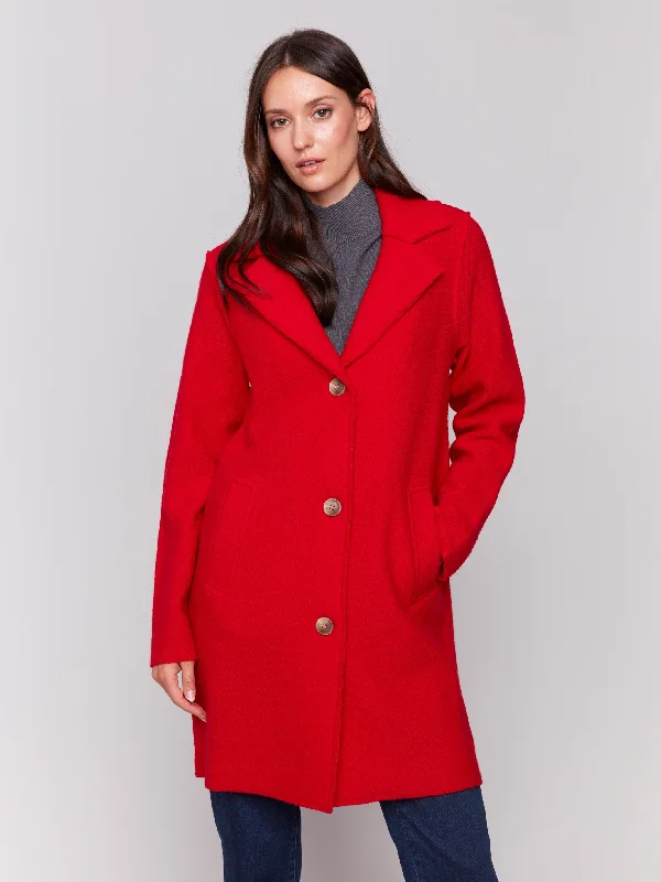 Long Boiled Wool Coat - Cranberry Structured Wool Blazer