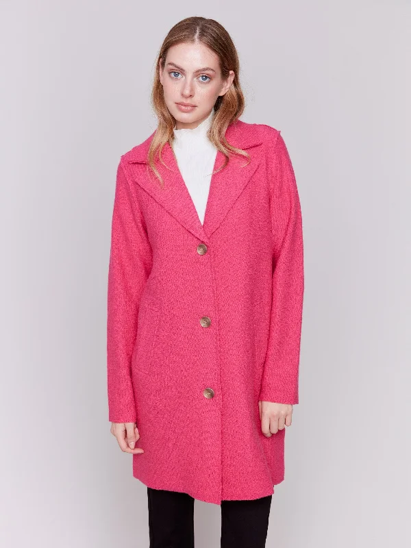 Long Boiled Wool Coat - Magenta Warm Hooded Poncho