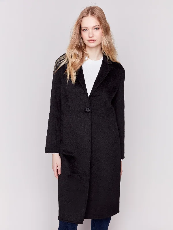 Long Double-Faced Wool Coat - Black Modern Asymmetric Coat