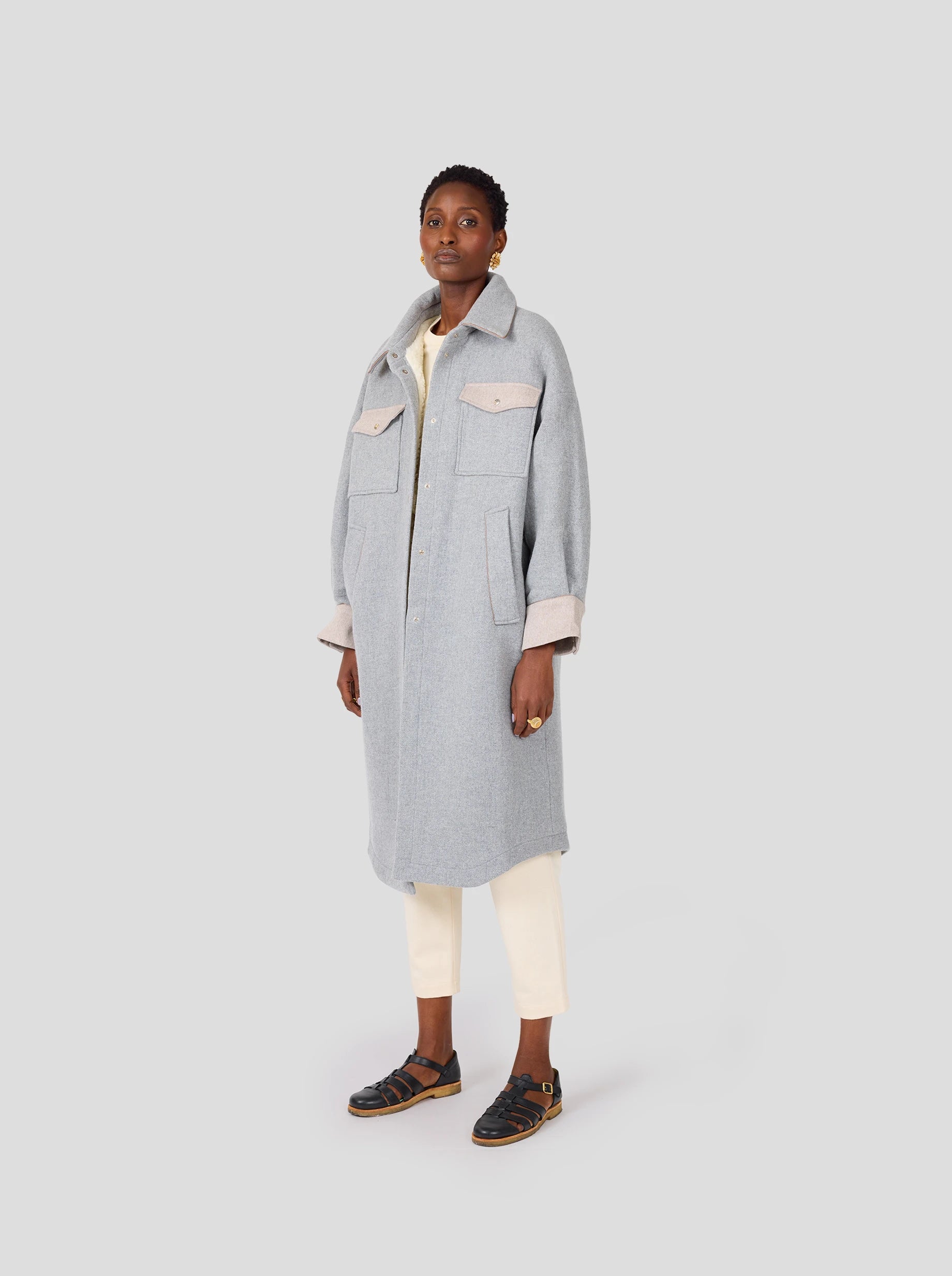 Marines Coat in Lead Woolen Cashmere Hooded Puffer Anorak