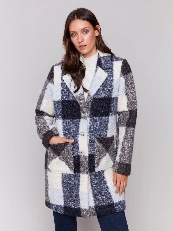 Plaid Bouclé Knit Coat - Navy Insulated Snow Jacket