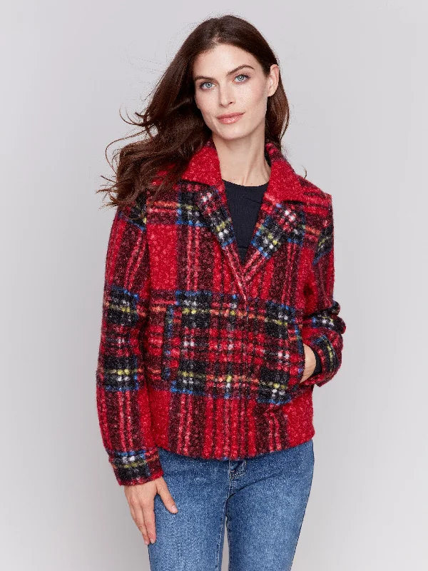 Plaid Bouclé Knit Short Coat - Cranberry Plaid Checkered Coat