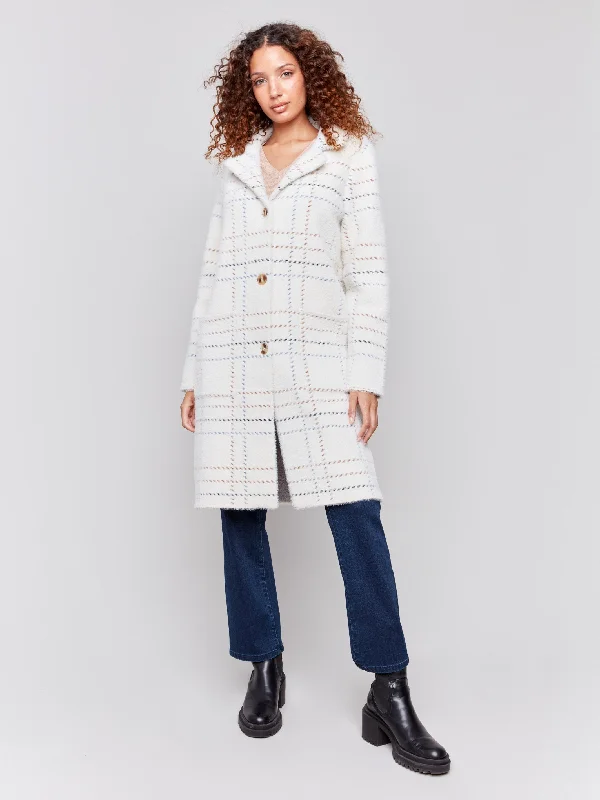 Plaid Knit Coatigan - Ecru High-Collar Puffer Coat