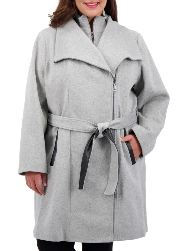 Plus Womens Wool Blend Midi Wrap Coat Adjustable Waist Parka