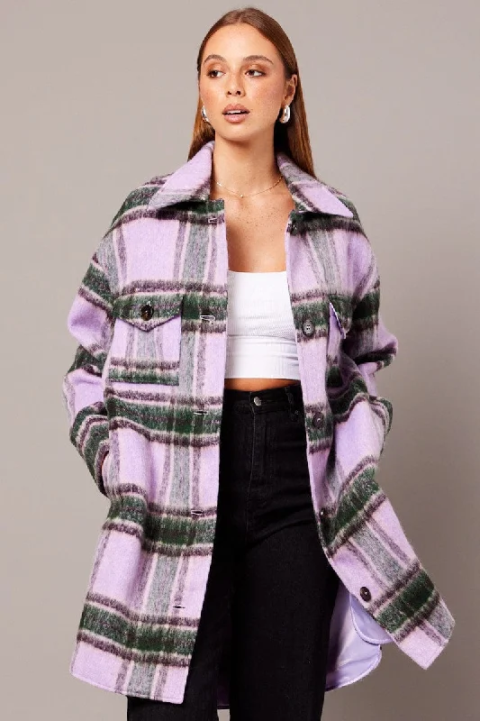Purple Check Coat Long Sleeve Collared Check Faux Wool Warm Down Parka