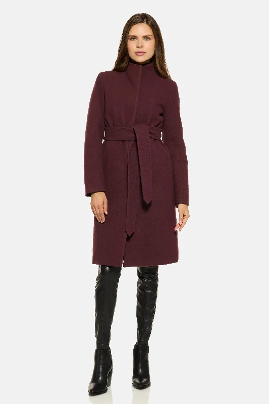 Stand Collar City Coat, Burgundy Puff Sleeve Overcoat