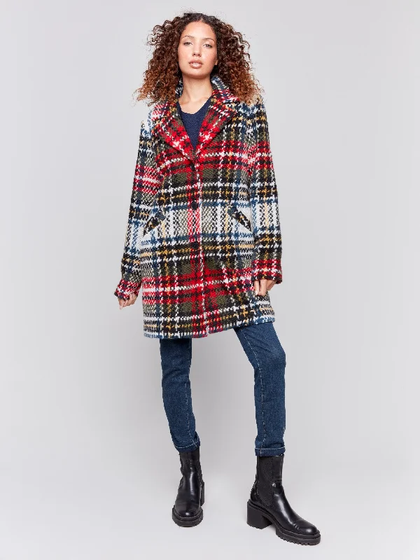 Straight Cut Plaid Bouclé Knit Coat - Cranberry Belted Midi-Length Coat