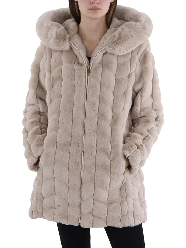 Womens Faux Fur Hooded Faux Fur Coat Puff Sleeve Blazer