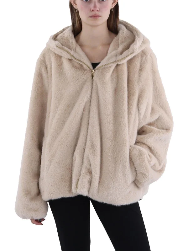 Womens Faux Fur Hooded Faux Fur Coat Plaid Checkered Coat