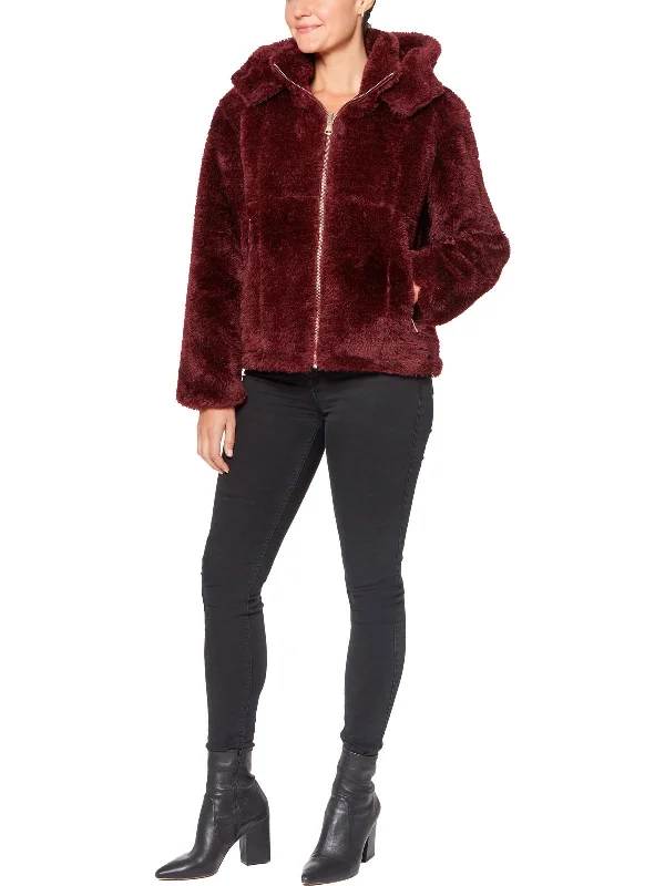 Womens Faux Fur Hooded Faux Fur Coat Modern Asymmetric Coat