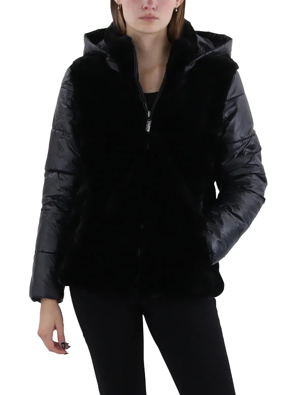 Womens Faux Fur Puffer Faux Fur Coat Stretchy Active Jacket