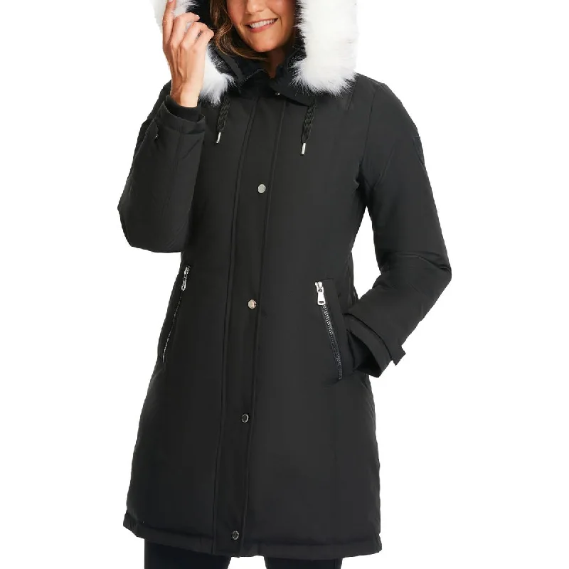 Womens Faux Fur Trim Cold Weather Parka Coat Lightweight Windbreaker