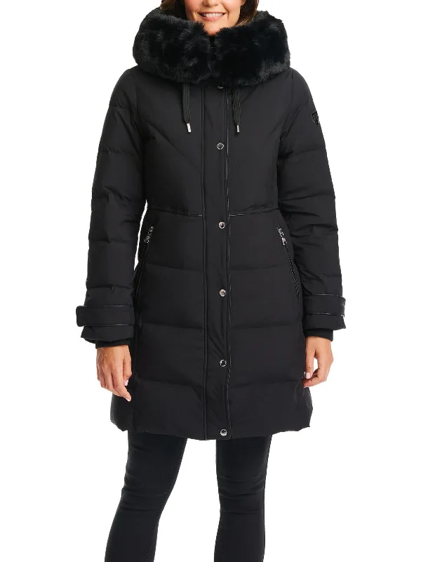 Womens Faux Fur Trim Hooded Parka Coat Knit Longline Duster