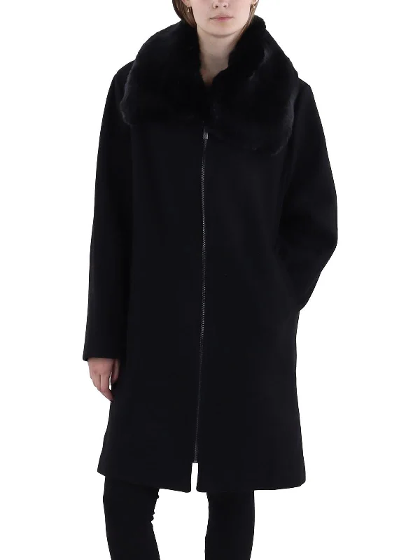 Womens Wool Blend Faux Fur Collar Wool Coat Double-Breasted Trench