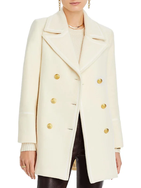 Womens Wool Blend Midi Pea Coat Draped Collar Cardigan