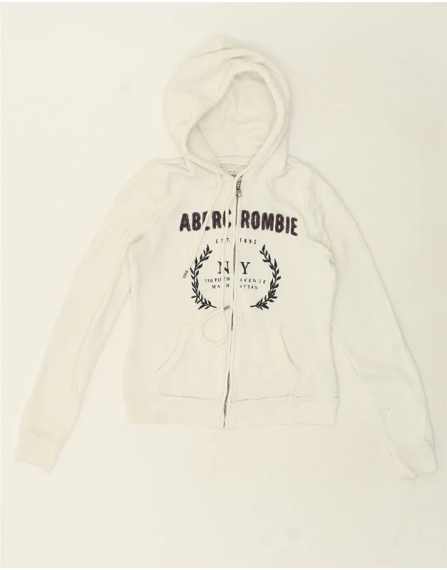 ABERCROMBIE & FITCH Womens Graphic Zip Hoodie Sweater UK 10 Small White Slim Fit Regular Fit Oversized ABERCROMBIE & FITCH Womens Graphic Zip Hoodie Sweater UK 10 Small White Slim Fit Regular Fit Oversized