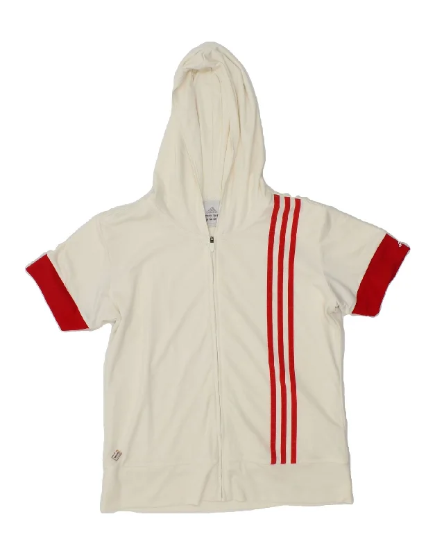 ADIDAS Womens Short Sleeve Zip Hoodie Sweater UK 14 Medium Off White Notch Collar Peter Pan Collar Cowl Neck ADIDAS Womens Short Sleeve Zip Hoodie Sweater UK 14 Medium Off White Notch Collar Peter Pan Collar Cowl Neck
