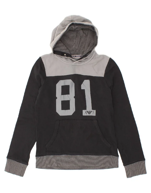 ARMANI JEANS Womens Graphic Hoodie Jumper UK 12 Medium Black Colourblock Hoodie with Tied Waist Feminine Flattering ARMANI JEANS Womens Graphic Hoodie Jumper UK 12 Medium Black Colourblock Hoodie with Tied Waist Feminine Flattering