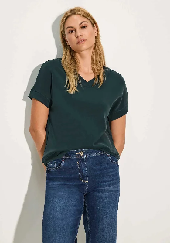 Cecil V Neck Modal Short Sleeve Sweatshirt, Dark Green Hoodie with Longline Fit Extended Stylish