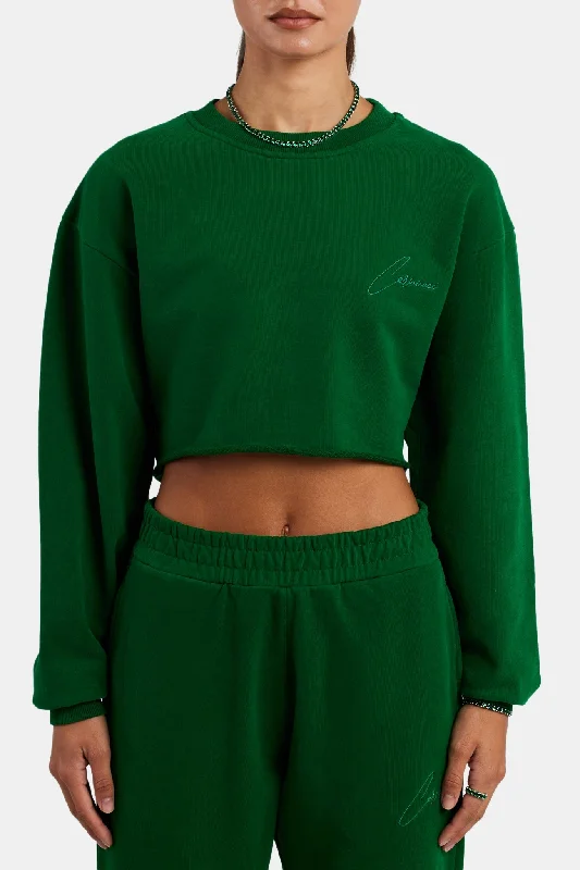 Cernucci Crop Sweatshirt - Dark Green Hoodie with Turtle Neck Cozy Winter