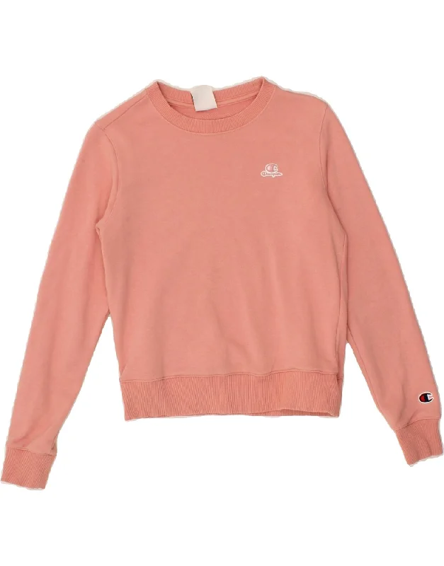 CHAMPION Girls Sweatshirt Jumper 11-12 Years Pink Hoodie with Hem Lace Feminine Delicate