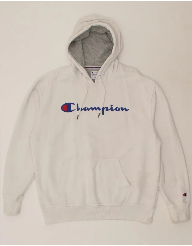 CHAMPION Mens Graphic Hoodie Jumper XL White Cotton Hoodie with Ribbed Hem Stretchable Secure