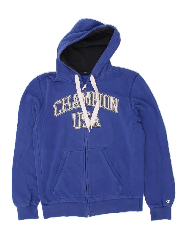 CHAMPION Womens USA Graphic Zip Hoodie Sweater UK 16 Large Blue Cotton Elasticated Padded Insulated CHAMPION Womens USA Graphic Zip Hoodie Sweater UK 16 Large Blue Cotton Elasticated Padded Insulated