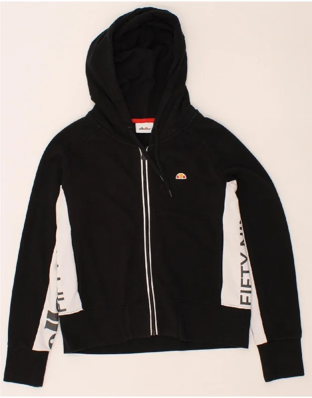 ELLESSE Womens Graphic Zip Hoodie Sweater UK 10 Small Black Colourblock Solid Print Embellished ELLESSE Womens Graphic Zip Hoodie Sweater UK 10 Small Black Colourblock Solid Print Embellished