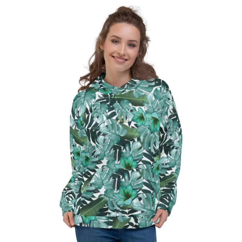 Green Tropical Women's Hoodies, Leaf Print Unisex Sweatshirt Pullover Top- Made in EU Hoodie with Hem Fringe Bohemian Relaxed