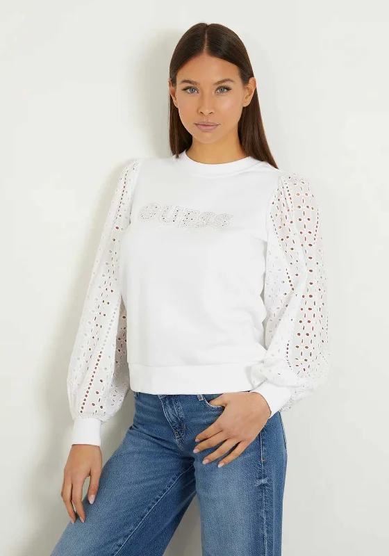 Guess Womens Sangallo Broderie Sweatshirt, White Hoodie Crop Top Short Trendy