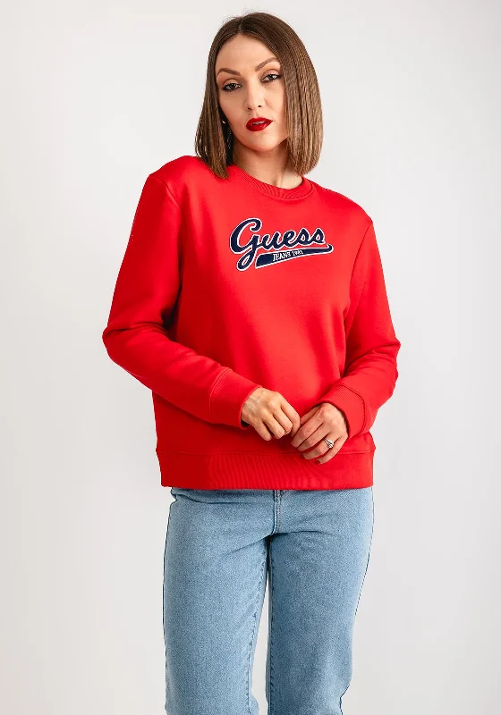 Guess Womens Script Logo Sweatshirt, Red Hoodie with Zipper Placket Modern Functional Guess Womens Script Logo Sweatshirt, Red Hoodie with Zipper Placket Modern Functional