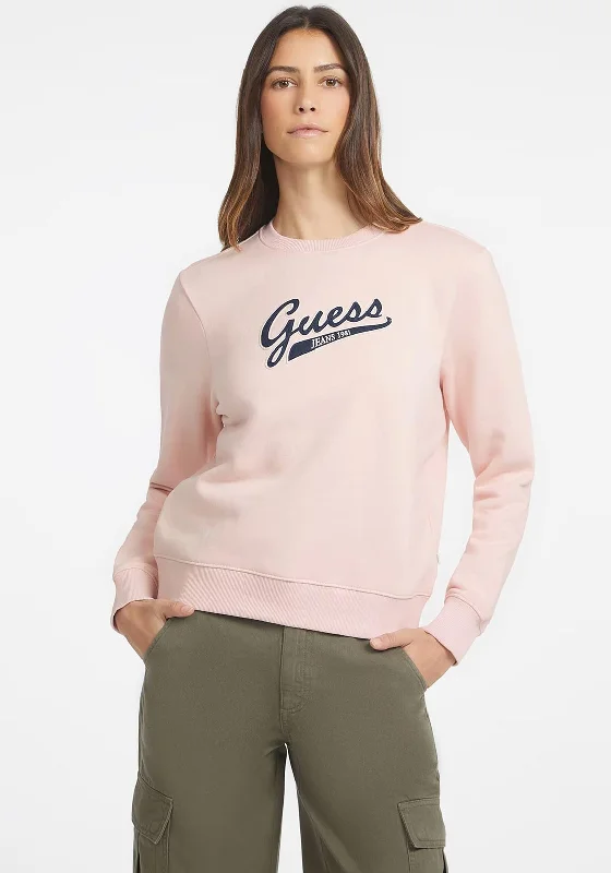 Guess Womens Script Logo Sweatshirt, Pale Pink Hoodie with Snap Buttons Easy Quick