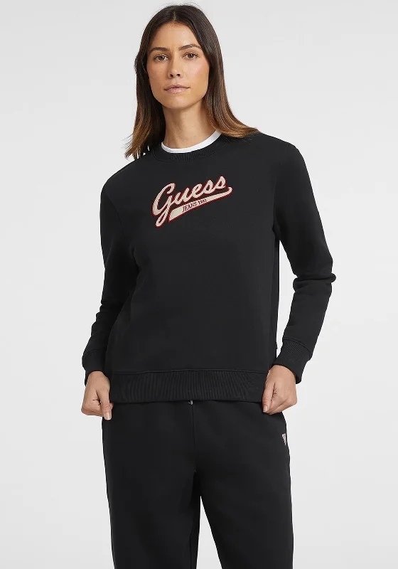 Guess Womens Script Logo Sweatshirt, Black Hoodie with Earth Tones Natural Calm
