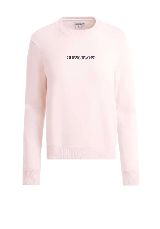 Guess Womens Embroidered Logo Sweatshirt, Pink Hoodie with Crew Neck Simple Timeless Guess Womens Embroidered Logo Sweatshirt, Pink Hoodie with Crew Neck Simple Timeless