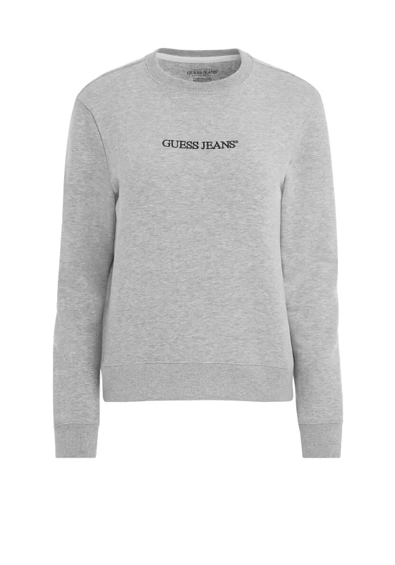 Guess Womens Embroidered Branding Sweatshirt, Grey Hoodie with Mock Neck Collared Structured Guess Womens Embroidered Branding Sweatshirt, Grey Hoodie with Mock Neck Collared Structured