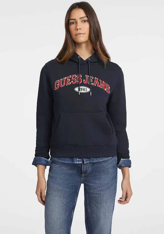 Guess Womens Chenille Logo Patch Hoodie, Dark Blue Hoodie with Front Slit Layering Stylish Guess Womens Chenille Logo Patch Hoodie, Dark Blue Hoodie with Front Slit Layering Stylish