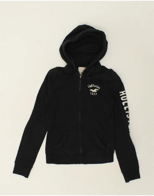 HOLLISTER Womens Graphic Zip Hoodie Sweater UK 10 Small Black Cotton Hooded Sweater Collared Sweater Shawl Collar HOLLISTER Womens Graphic Zip Hoodie Sweater UK 10 Small Black Cotton Hooded Sweater Collared Sweater Shawl Collar