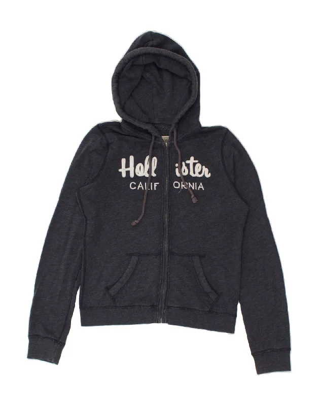 HOLLISTER Womens Graphic Zip Hoodie Sweater UK 10 Small Navy Blue Cotton Silk Blend Satin Velvet HOLLISTER Womens Graphic Zip Hoodie Sweater UK 10 Small Navy Blue Cotton Silk Blend Satin Velvet
