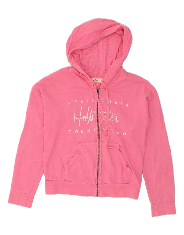 HOLLISTER Womens Graphic Zip Hoodie Sweater UK 10 Small Pink Cotton Cable Knit Ribbed Knit Lace Knit HOLLISTER Womens Graphic Zip Hoodie Sweater UK 10 Small Pink Cotton Cable Knit Ribbed Knit Lace Knit