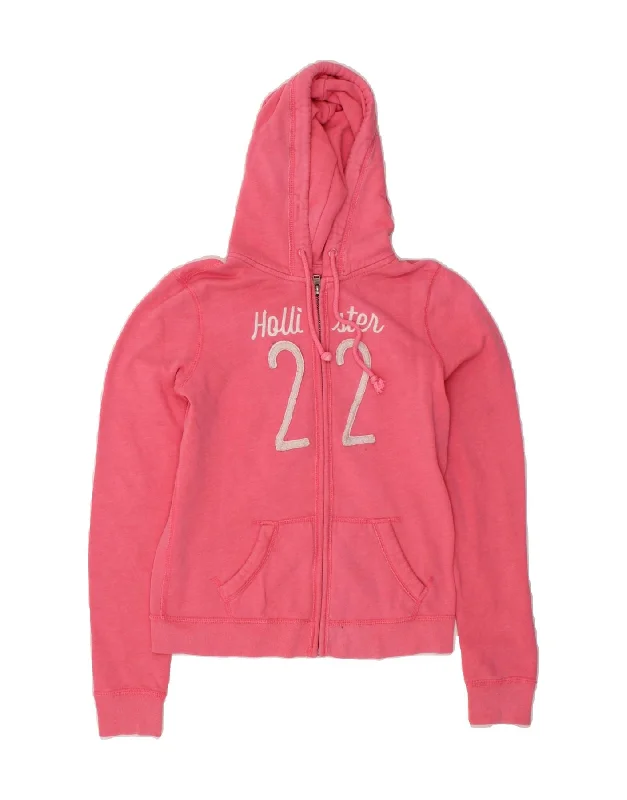 HOLLISTER Womens Graphic Zip Hoodie Sweater UK 10 Small Pink Cotton Hooded Caped Shawl Collar HOLLISTER Womens Graphic Zip Hoodie Sweater UK 10 Small Pink Cotton Hooded Caped Shawl Collar