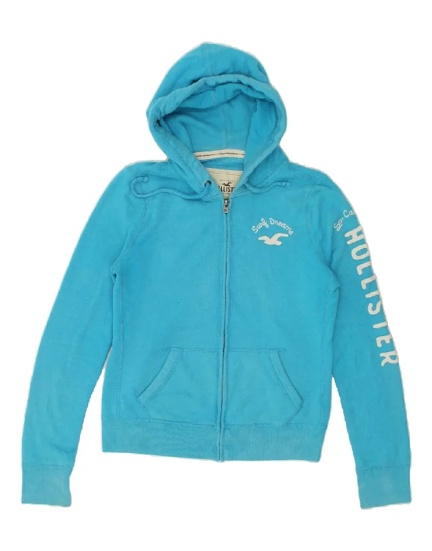 HOLLISTER Womens Graphic Zip Hoodie Sweater UK 14 Large Blue Cotton Solid Color Striped Floral Print HOLLISTER Womens Graphic Zip Hoodie Sweater UK 14 Large Blue Cotton Solid Color Striped Floral Print