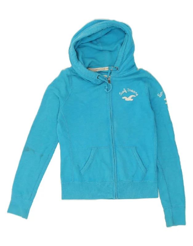 HOLLISTER Womens Graphic Zip Hoodie Sweater UK 14 Medium Blue Cotton Plaid Sweater Polka Dot Checkered HOLLISTER Womens Graphic Zip Hoodie Sweater UK 14 Medium Blue Cotton Plaid Sweater Polka Dot Checkered