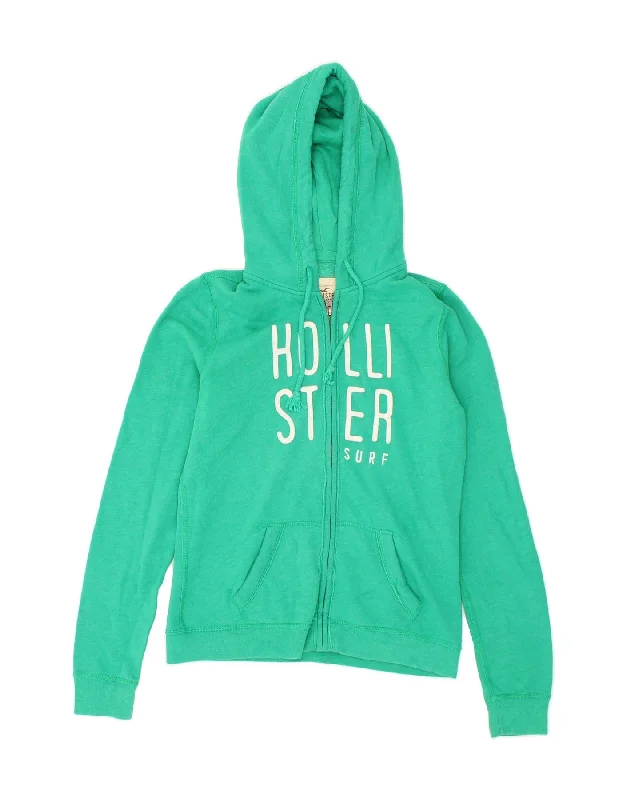 HOLLISTER Womens Graphic Zip Hoodie Sweater UK 16 Large Green Cotton Toggled Drawstring Belted HOLLISTER Womens Graphic Zip Hoodie Sweater UK 16 Large Green Cotton Toggled Drawstring Belted
