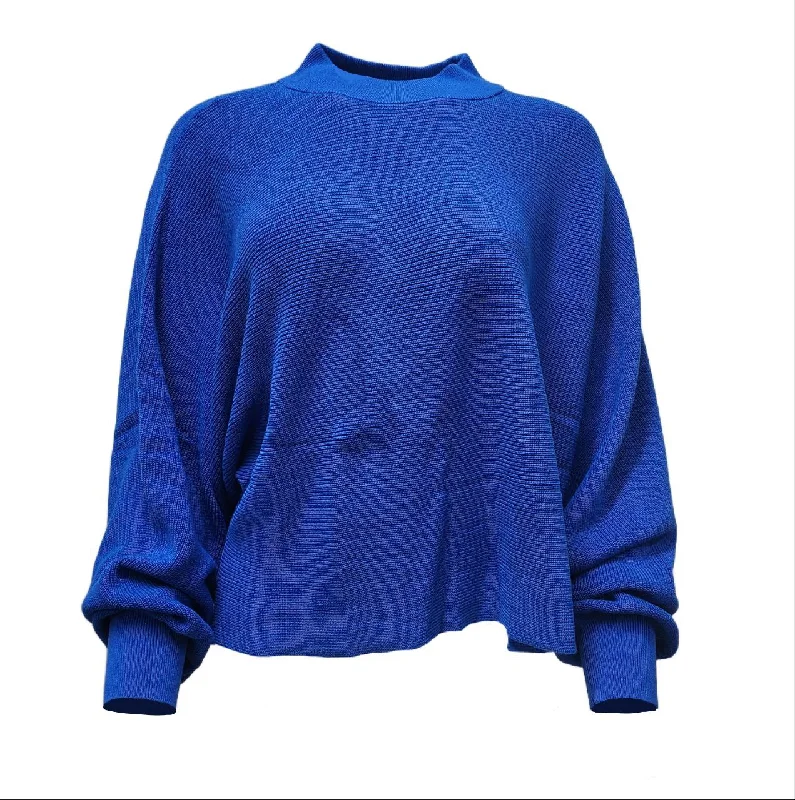 HoodLamb Women's Cobalt Blue Mock Collar Hemp Sweater 420 NWT Fitted Slim Tailored