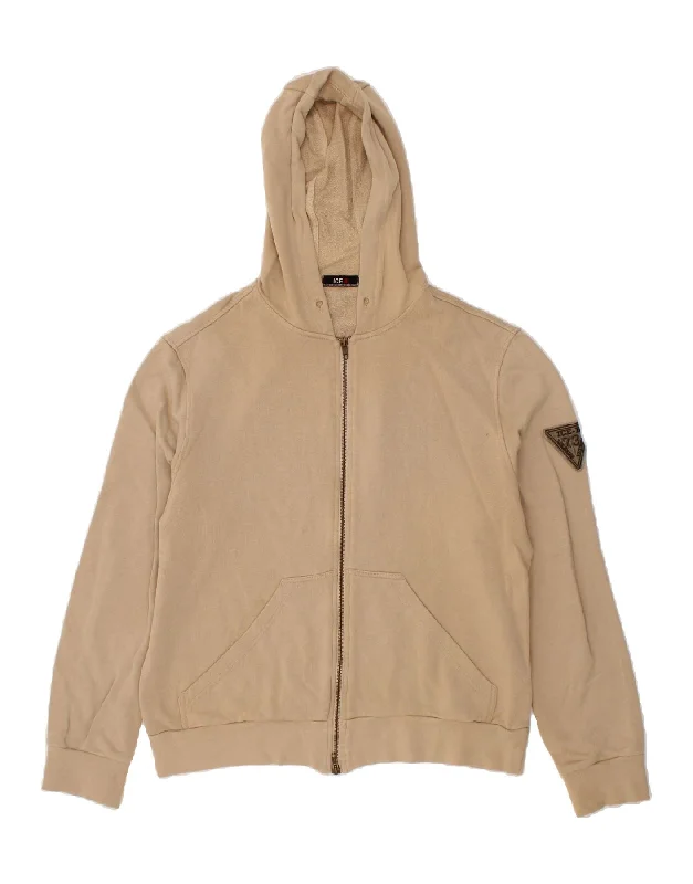 ICEBERG Mens Zip Hoodie Sweater Large Beige Cotton Denim Fabric Leather Fabric Suede Fabric