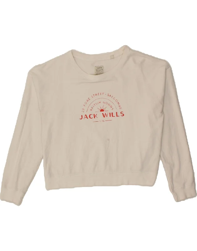JACK WILLS Womens Graphic Sweatshirt Jumper UK 14 Large White Cotton Hoodie with Emblem Brand Identity JACK WILLS Womens Graphic Sweatshirt Jumper UK 14 Large White Cotton Hoodie with Emblem Brand Identity