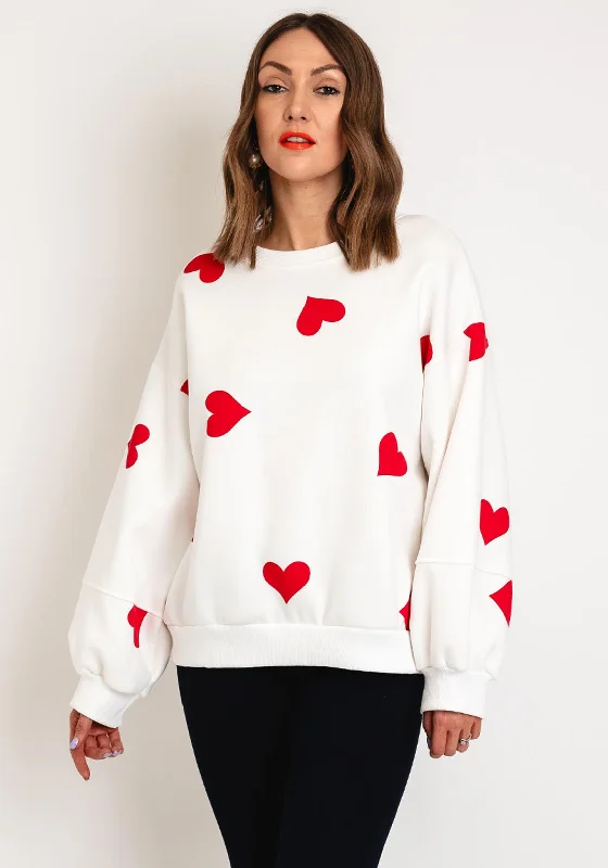 Serafina Collection One Size Heart Print Sweatshirt, White & Red Hoodie with Raglan Sleeves Sporty Comfortable Serafina Collection One Size Heart Print Sweatshirt, White & Red Hoodie with Raglan Sleeves Sporty Comfortable