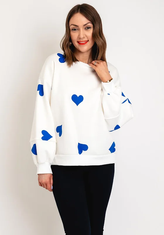 Serafina Collection One Size Heart Print Sweatshirt, White & Blue Hoodie with Contrast Stitching Detailed Premium Serafina Collection One Size Heart Print Sweatshirt, White & Blue Hoodie with Contrast Stitching Detailed Premium